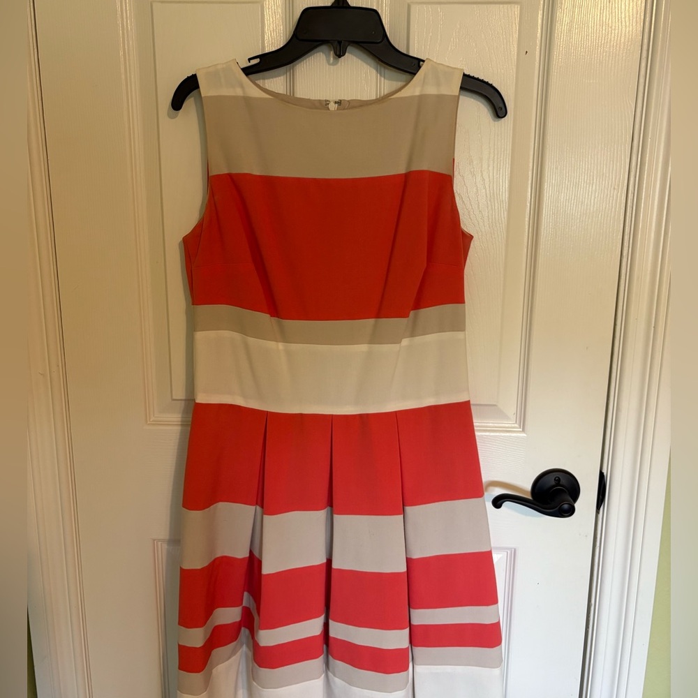 Ralph Lauren Coral, Tan and White Pleated A-Line Dress